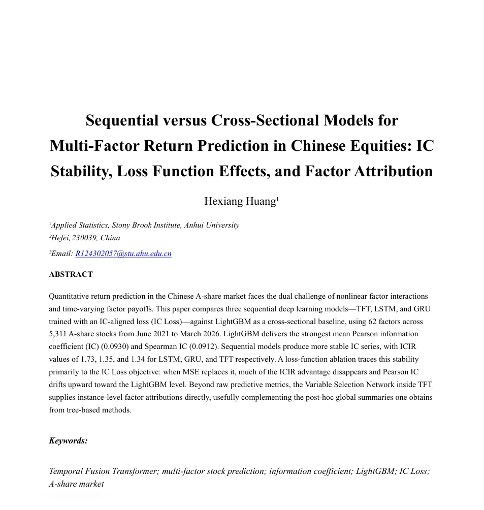 First-page preview of Sequential versus Cross-Sectional Models for Multi-Factor Return Prediction in Chinese Equities: IC Stability, Loss Function Effects, and Factor Attribution