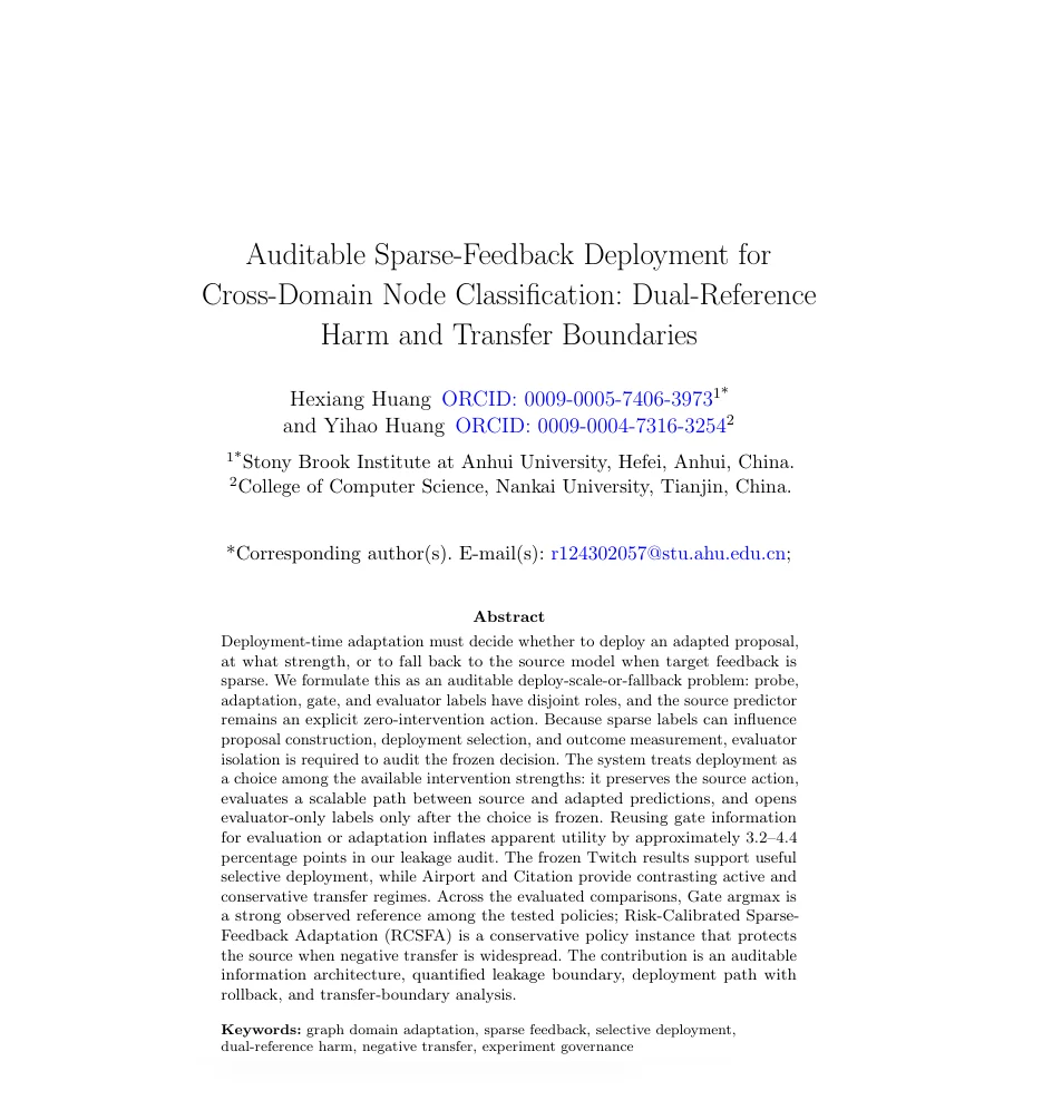 First-page preview of Auditable Sparse-Feedback Deployment for Cross-Domain Node Classification: Dual-Reference Harm and Transfer Boundaries